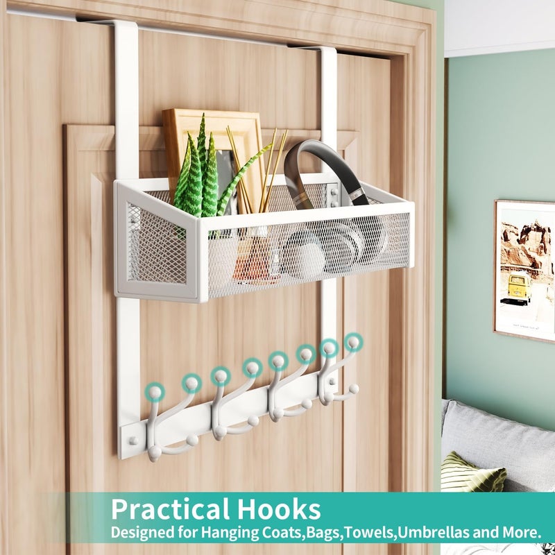 HapiRm Over The Door Hanger - Over The Door Hooks with Mesh Basket and 16 Hooks, 304 Stainless Steel Storage Organizer for Bathroom, Bedroom, Kitchen-White - Image 4